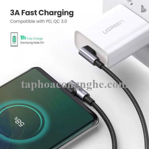 Ugreen 70528 0.5M PD 3A 20v 60W 2 đầu bẻ góc 90 độ cáp USB type C ra USB type C đầu nhôm mạ nickel chống nhiễu US323 30070528